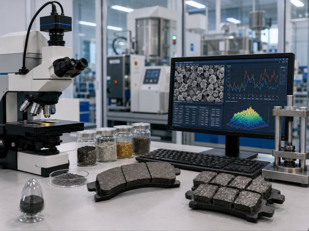 Technicians inspecting brake pads on production line
