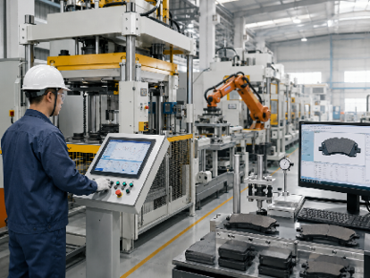 Materials laboratory with brake pad samples and analysis equipment
