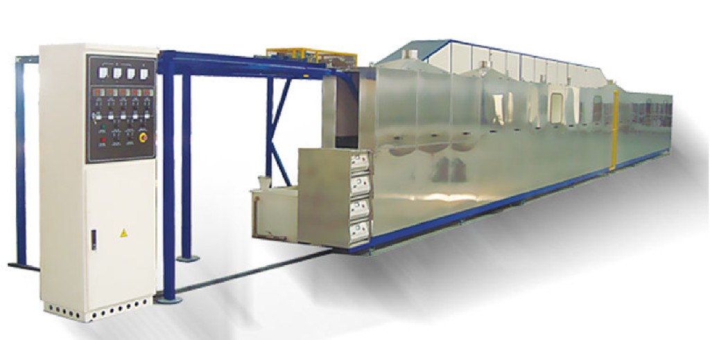 Production line equipment for bonding brake shoe assemblies with wash, glue dry, pressing, and grinding stations.
