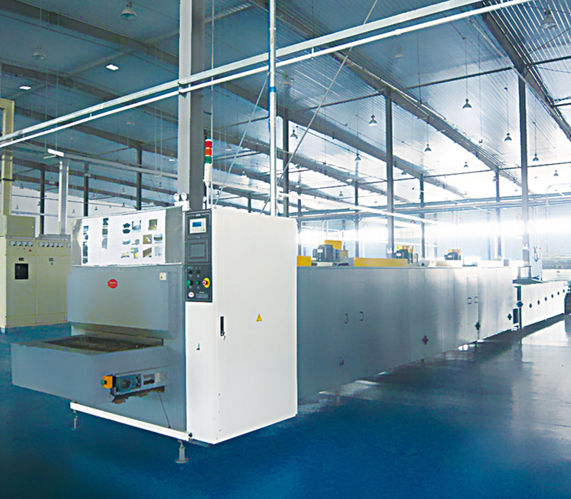 Equal isostatic pressure type disc brake pad production line in an industrial factory.