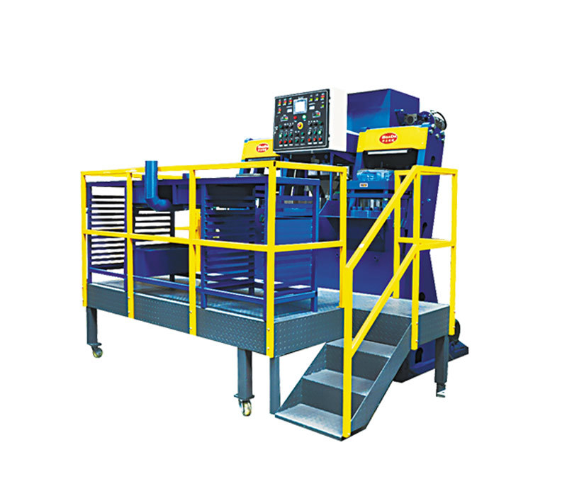 Model F645O upper beam swing type hot press with control panel and safety platform.