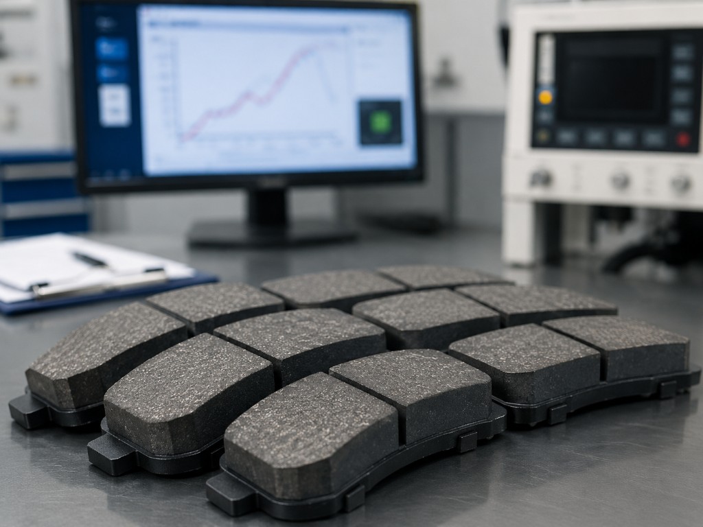 Brake pads arranged for quality inspection in manufacturing laboratory
