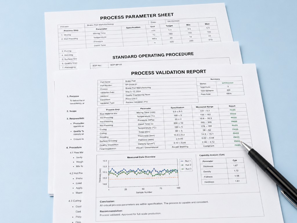 Process validation report, standard operating procedure, and process parameter sheet