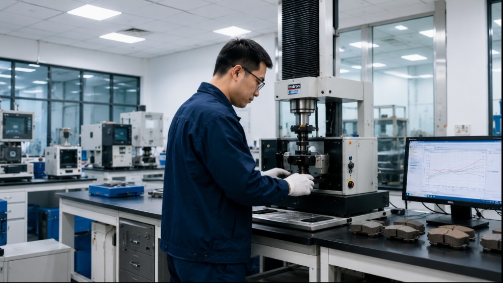 Quality engineer performing friction performance testing on brake pads